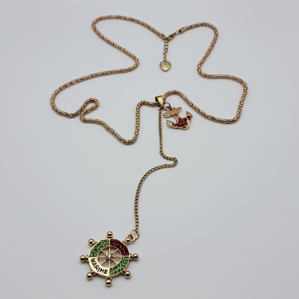 Betsey Johnson Marine Necklace Boat Wheel Anchor Double Pendant Gold Tone 28 In